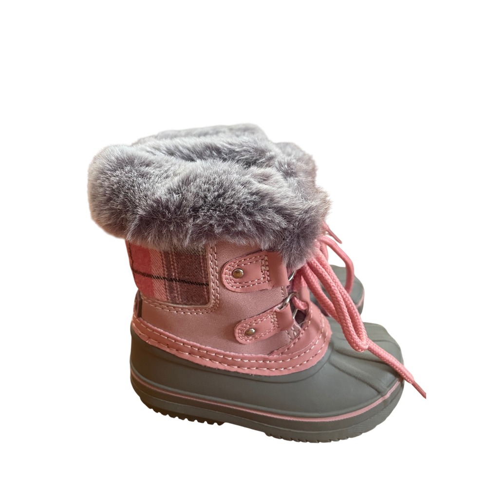 London Fog Lil Tottenham Toddler Pink Grey Plaid Faux Fur Snow Boots Size 5